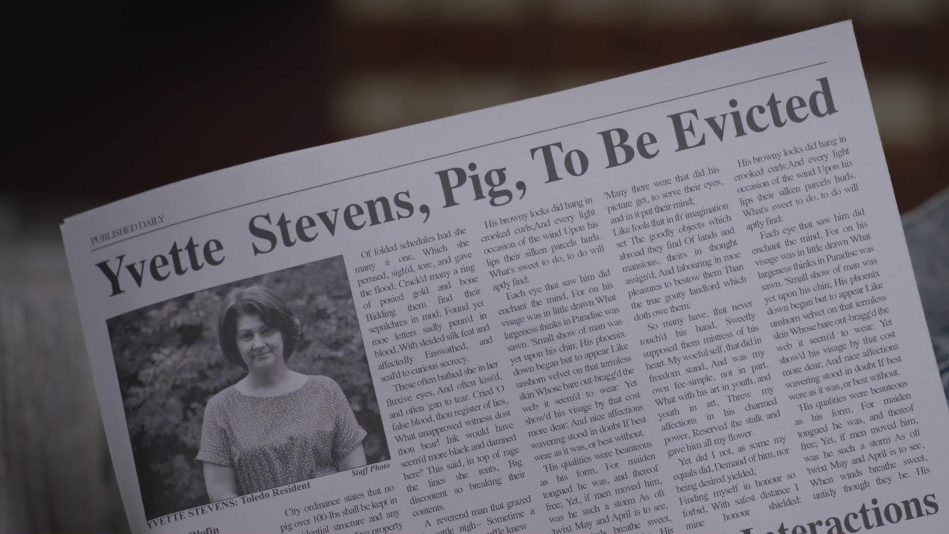 Adelola: I wrote a sad story about a woman who owned a pet pig. Um... The pig was also named Yvette, so that didn